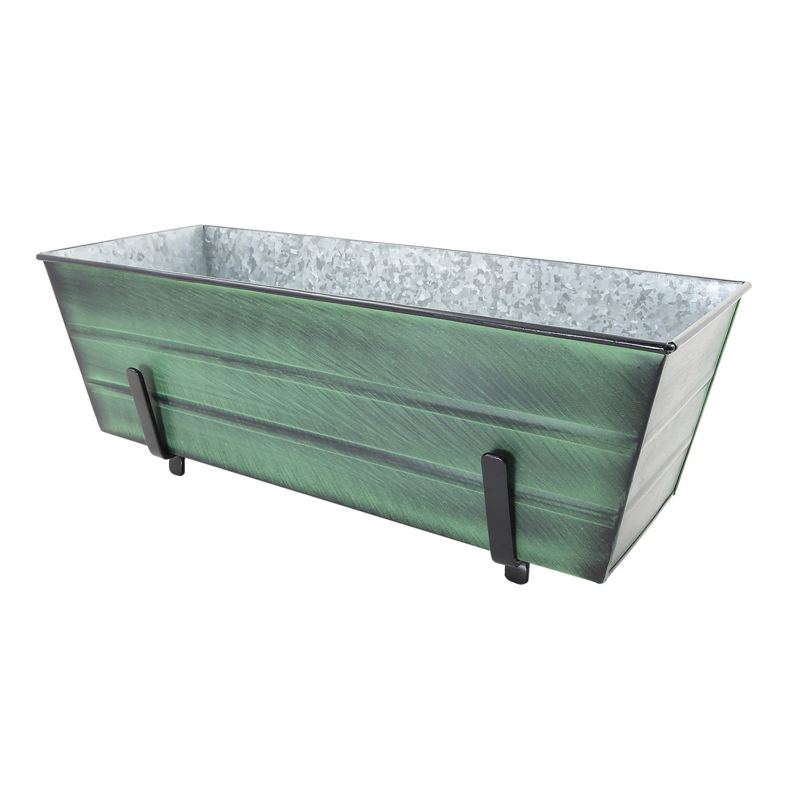 ACHLA Medium Flower Box with Brackets | Green Patina Galvanized Steel and Black Wrought Iron | Porch & Deck Railing Planter | Model VFB-05-K6