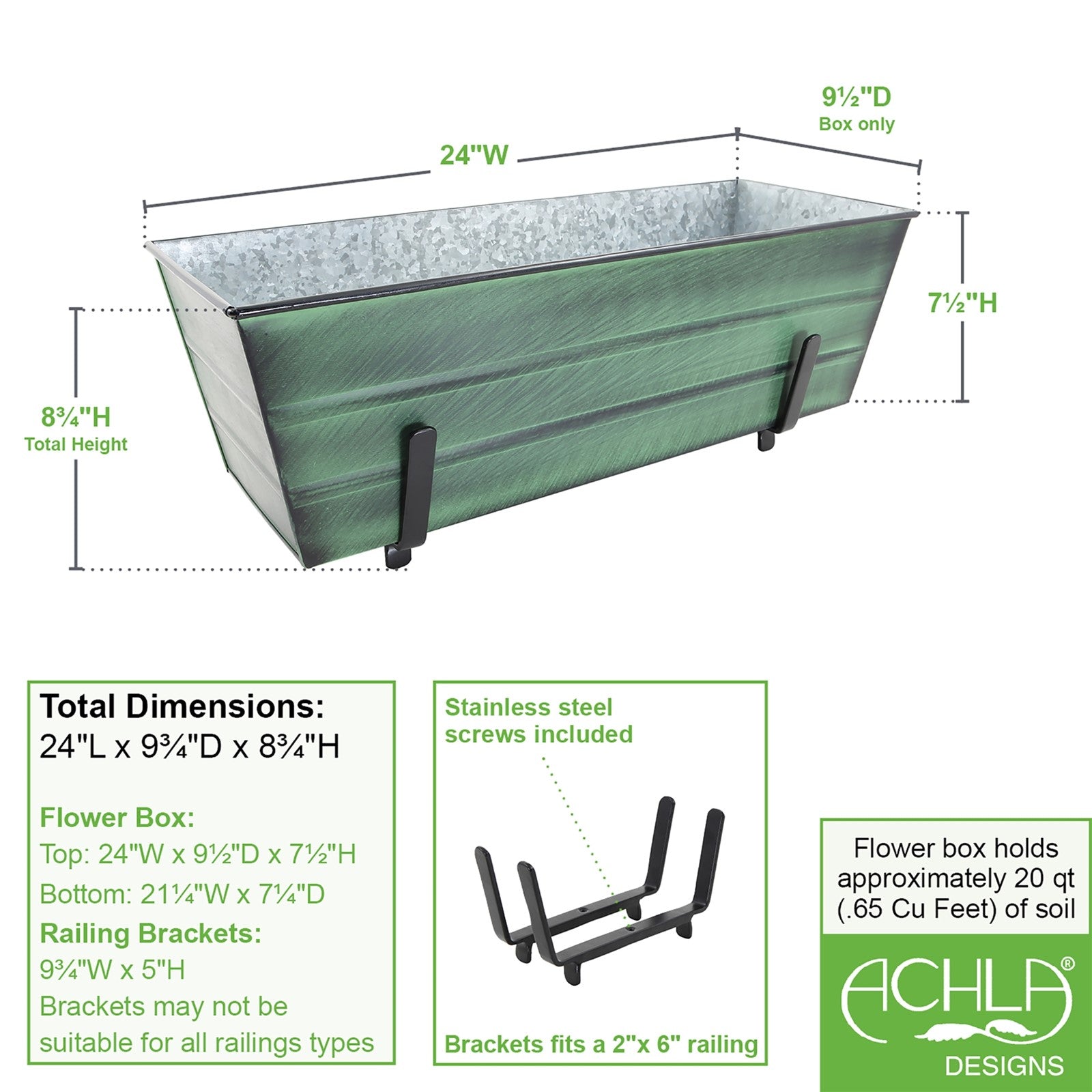 ACHLA Medium Flower Box with Brackets | Green Patina Galvanized Steel and Black Wrought Iron | Porch & Deck Railing Planter | Model VFB-05-K6