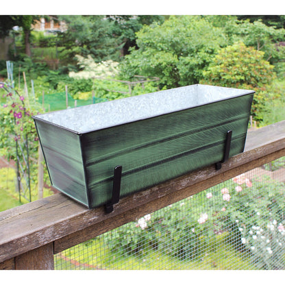 ACHLA Medium Flower Box with Brackets | Green Patina Galvanized Steel and Black Wrought Iron | Porch & Deck Railing Planter | Model VFB-05-K6