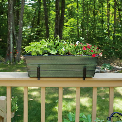 ACHLA Medium Flower Box with Brackets | Green Patina Galvanized Steel and Black Wrought Iron | Porch & Deck Railing Planter | Model VFB-05-K6