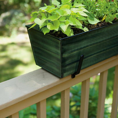 ACHLA Medium Flower Box with Brackets | Green Patina Galvanized Steel and Black Wrought Iron | Porch & Deck Railing Planter | Model VFB-05-K6