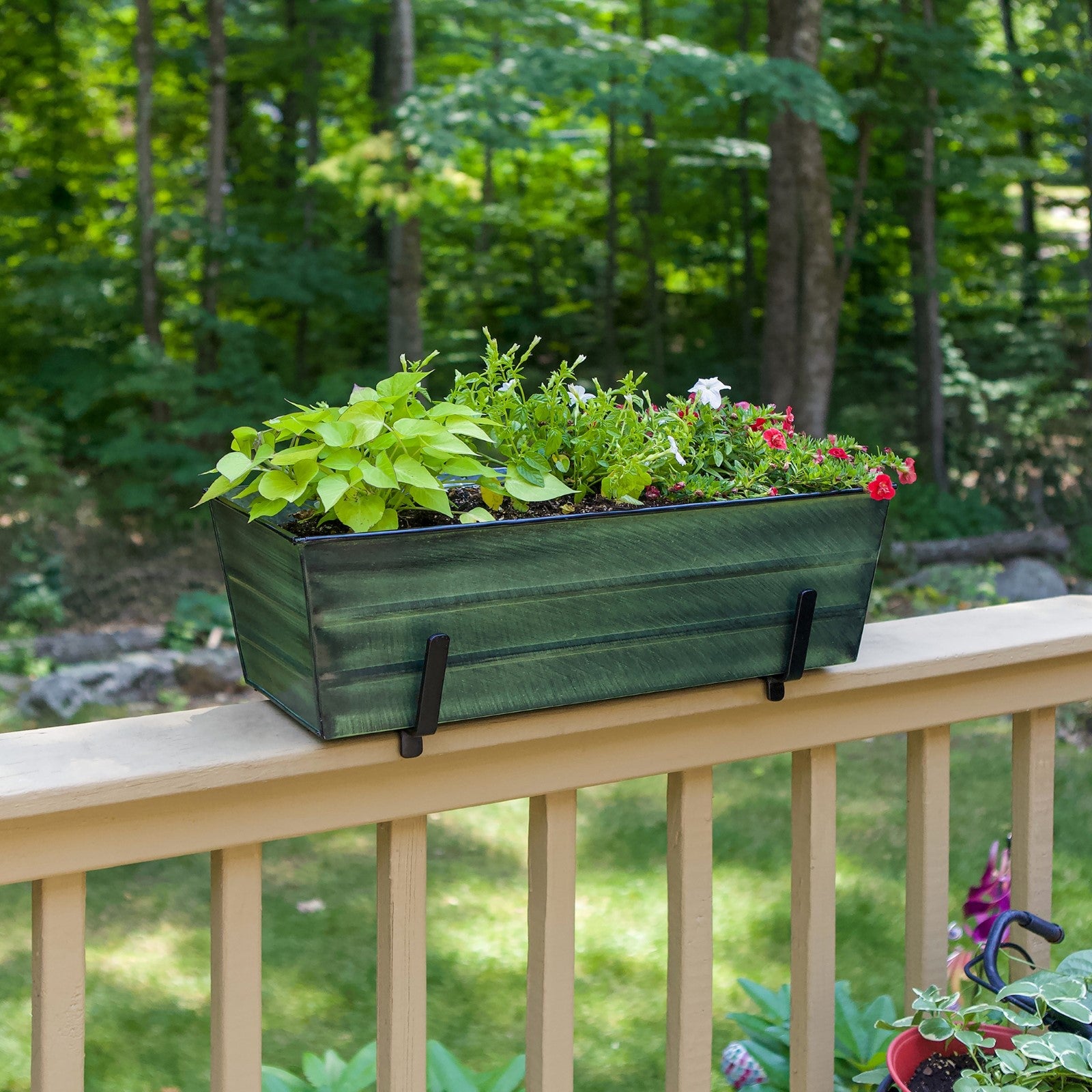 ACHLA Medium Flower Box with Brackets | Green Patina Galvanized Steel and Black Wrought Iron | Porch & Deck Railing Planter | Model VFB-05-K6