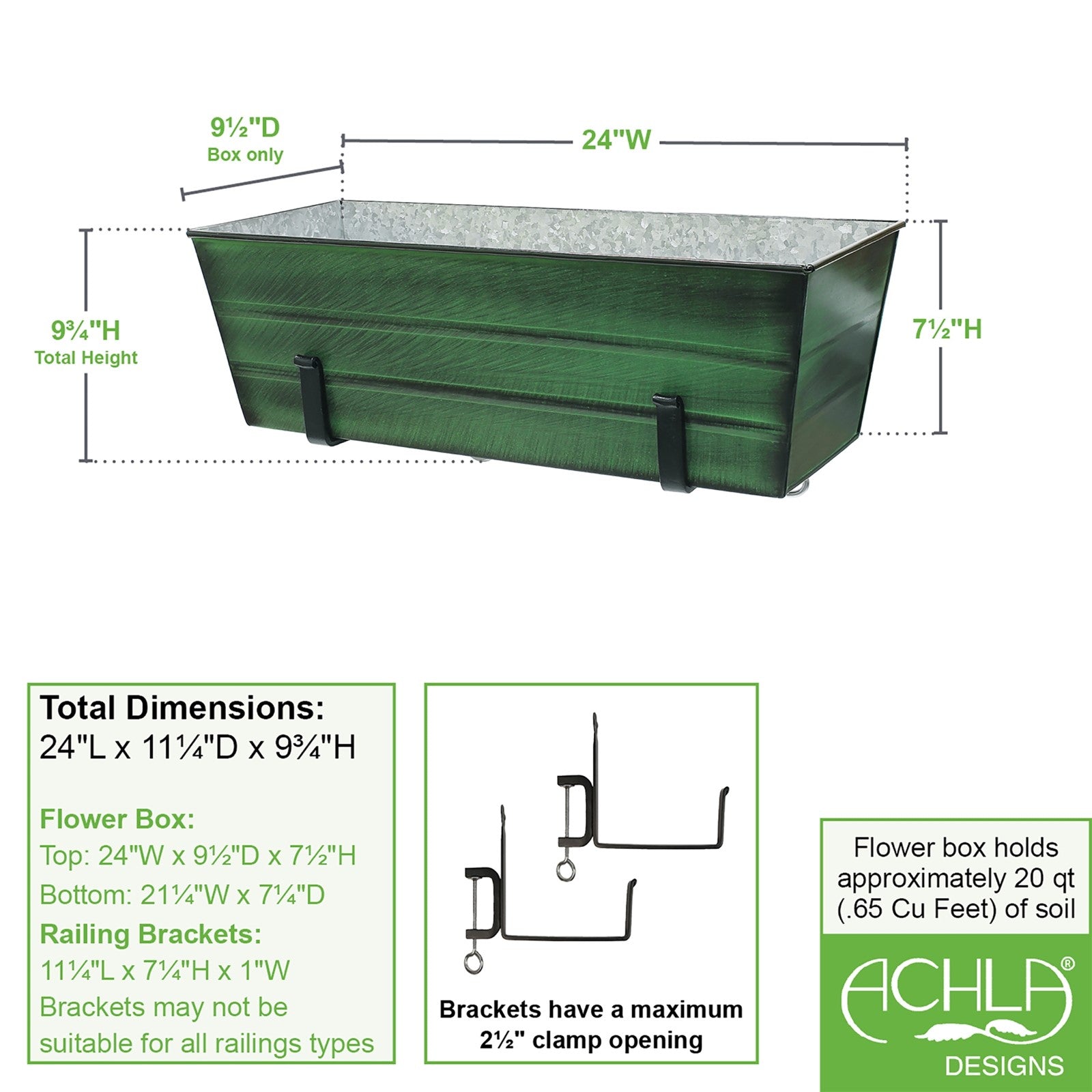 ACHLA Medium Green Flower Box with Clamp-On Brackets | Green Patina Galvanized Steel and Black Wrought Iron | Front Porch & Balcony | Model VFB-05-RM