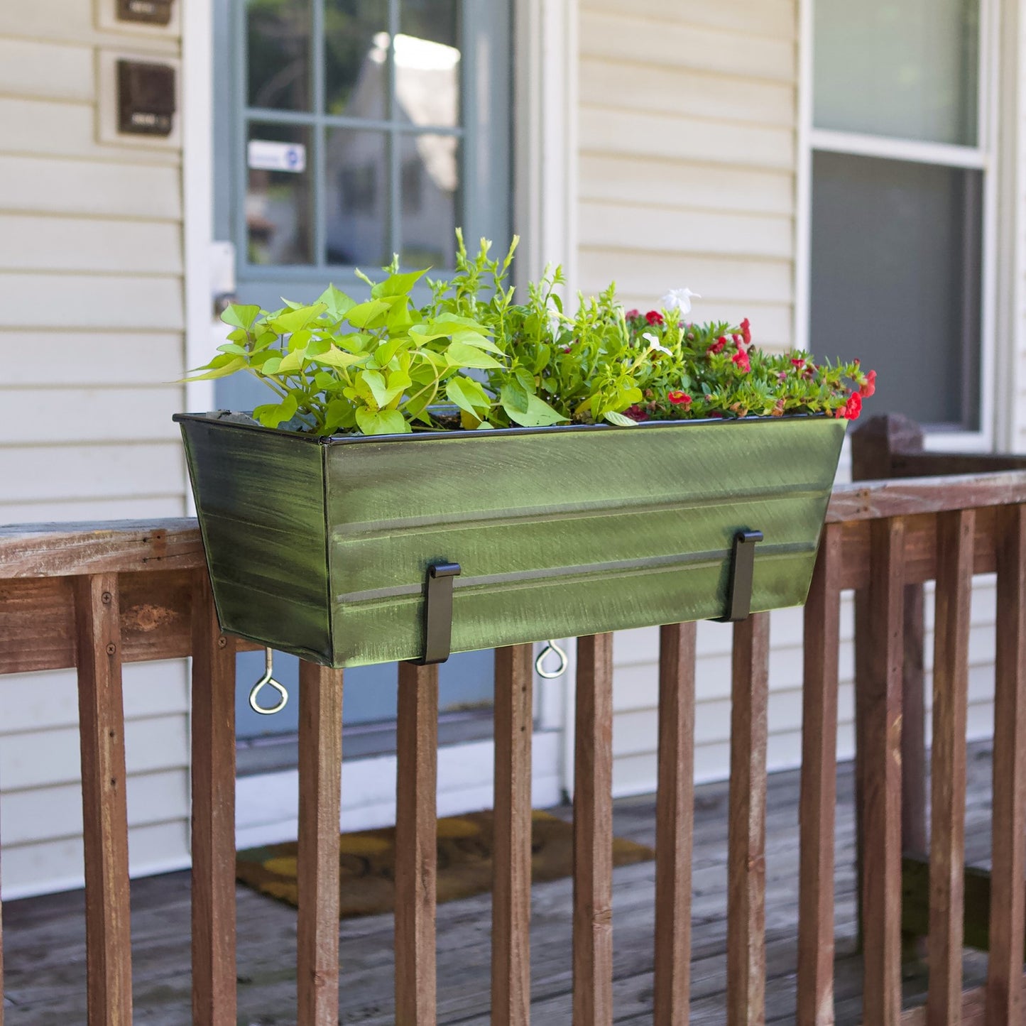 ACHLA Medium Green Flower Box with Clamp-On Brackets | Green Patina Galvanized Steel and Black Wrought Iron | Front Porch & Balcony | Model VFB-05-RM