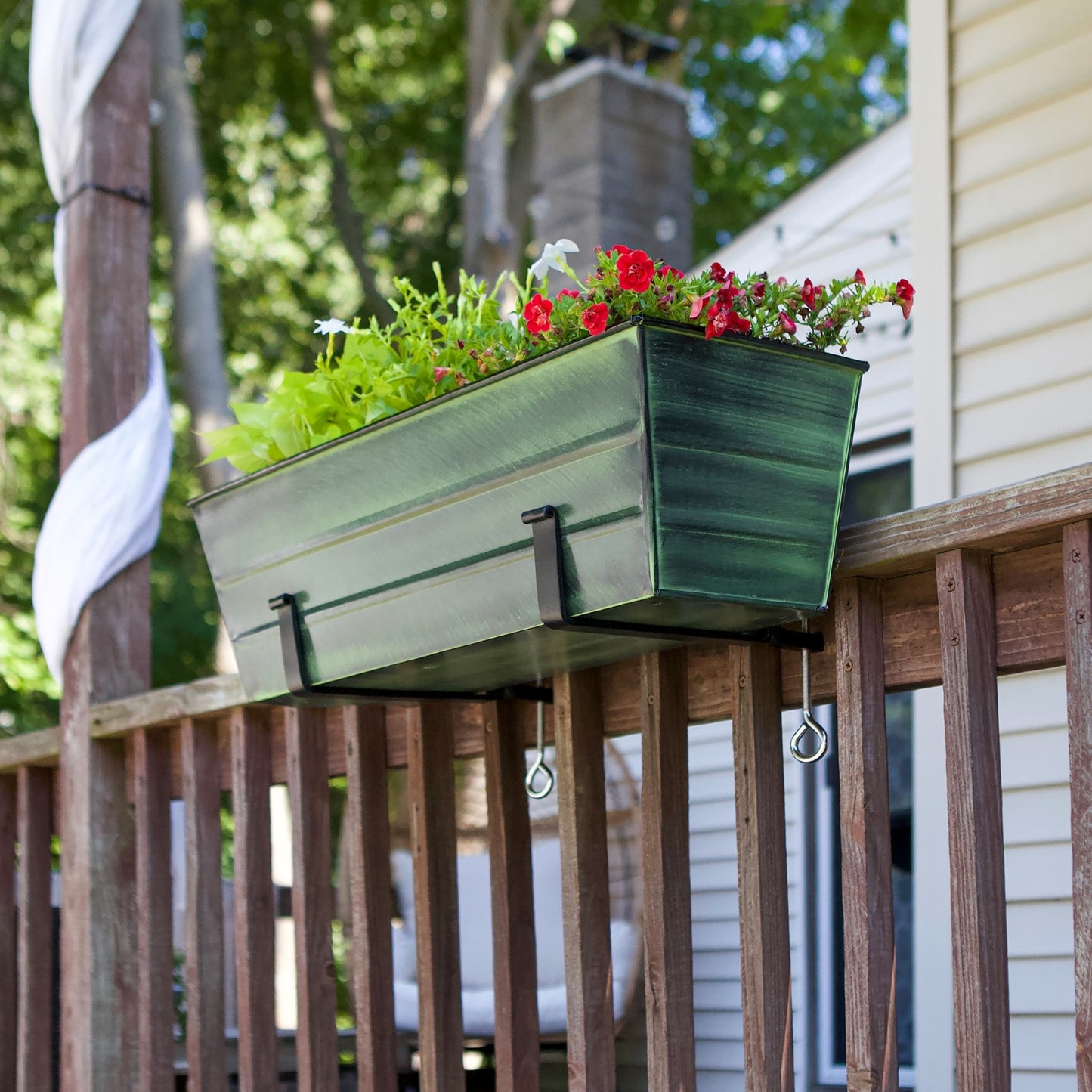 ACHLA Medium Green Flower Box with Clamp-On Brackets | Green Patina Galvanized Steel and Black Wrought Iron | Front Porch & Balcony | Model VFB-05-RM