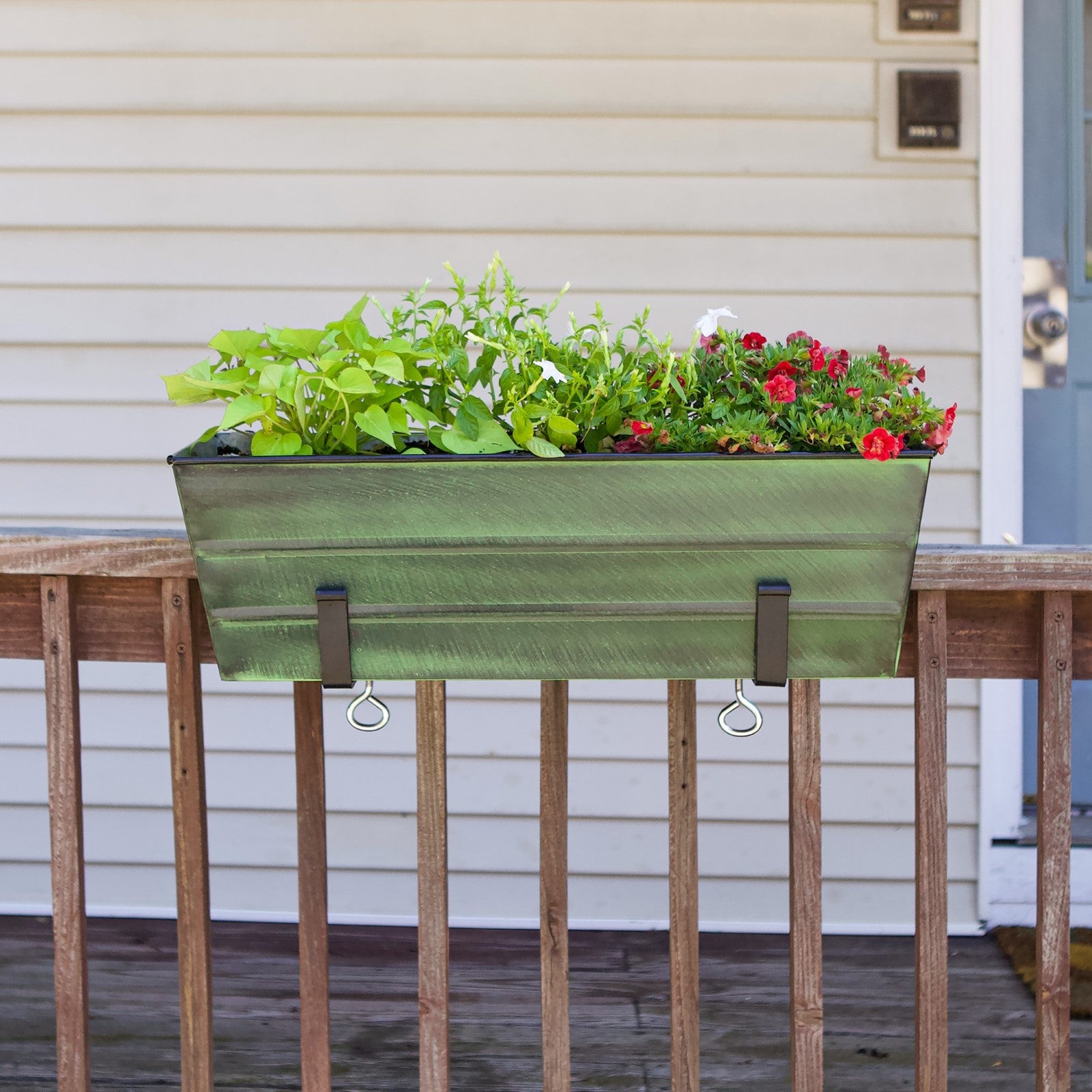 ACHLA Medium Green Flower Box with Clamp-On Brackets | Green Patina Galvanized Steel and Black Wrought Iron | Front Porch & Balcony | Model VFB-05-RM
