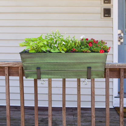 ACHLA Medium Green Flower Box with Clamp-On Brackets | Green Patina Galvanized Steel and Black Wrought Iron | Front Porch & Balcony | Model VFB-05-RM