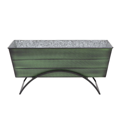 ACHLA Odette Medium Flower Planter Box with Stand | Green Patina Galvanized Steel and Black Wrought Iron | Patio & Balcony Container | Model VFB-05-S
