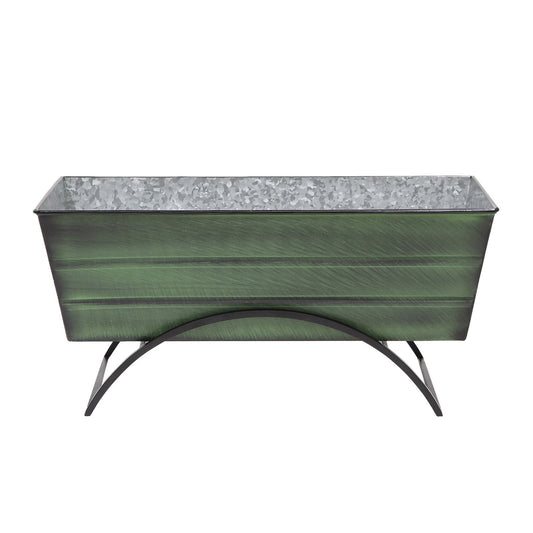 ACHLA Odette Medium Flower Planter Box with Stand | Green Patina Galvanized Steel and Black Wrought Iron | Patio & Balcony Container | Model VFB-05-S