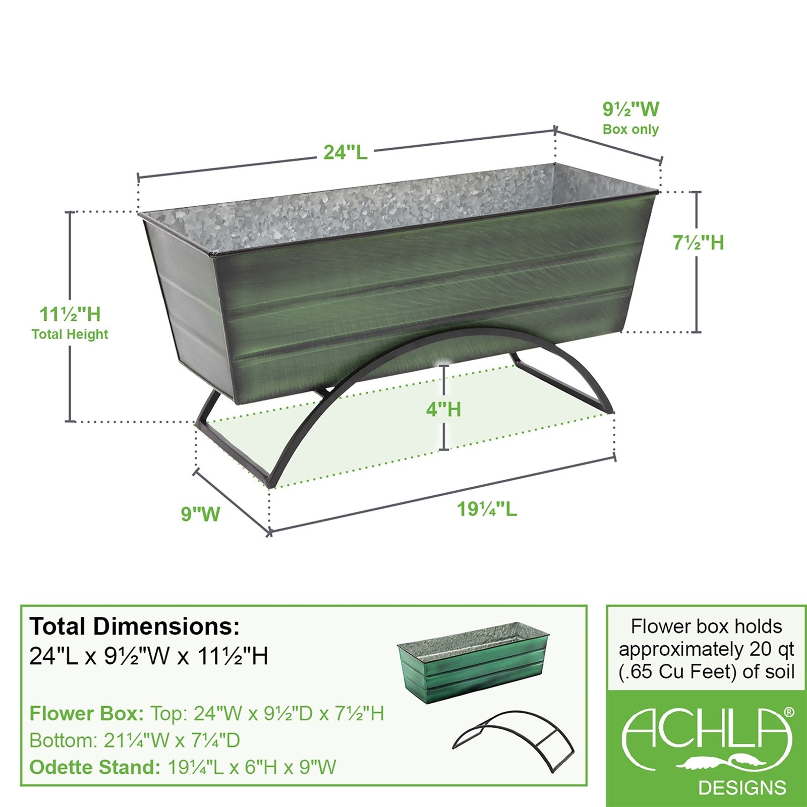 ACHLA Odette Medium Flower Planter Box with Stand | Green Patina Galvanized Steel and Black Wrought Iron | Patio & Balcony Container | Model VFB-05-S