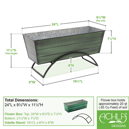 ACHLA Odette Medium Flower Planter Box with Stand | Green Patina Galvanized Steel and Black Wrought Iron | Patio & Balcony Container | Model VFB-05-S