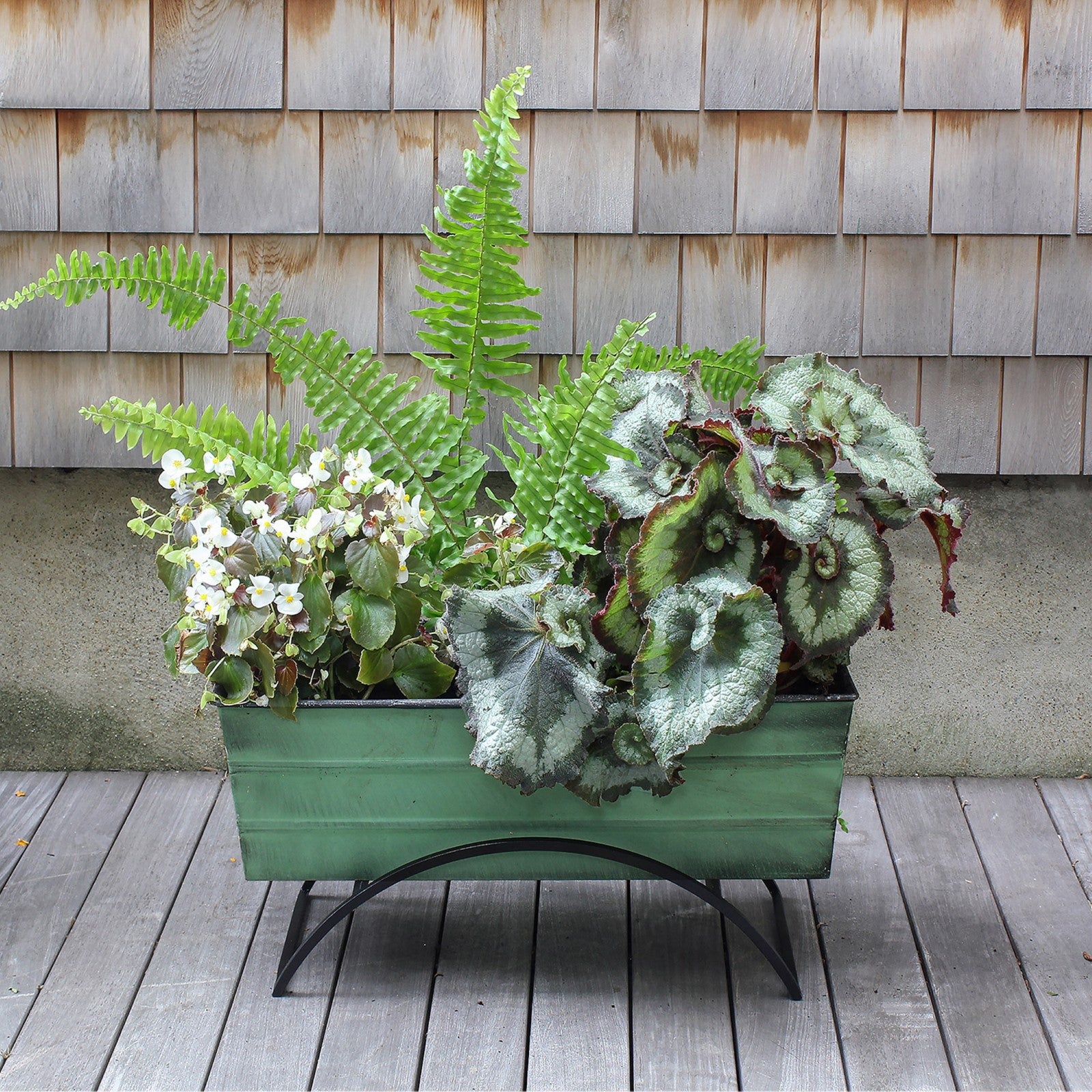 ACHLA Odette Medium Flower Planter Box with Stand | Green Patina Galvanized Steel and Black Wrought Iron | Patio & Balcony Container | Model VFB-05-S