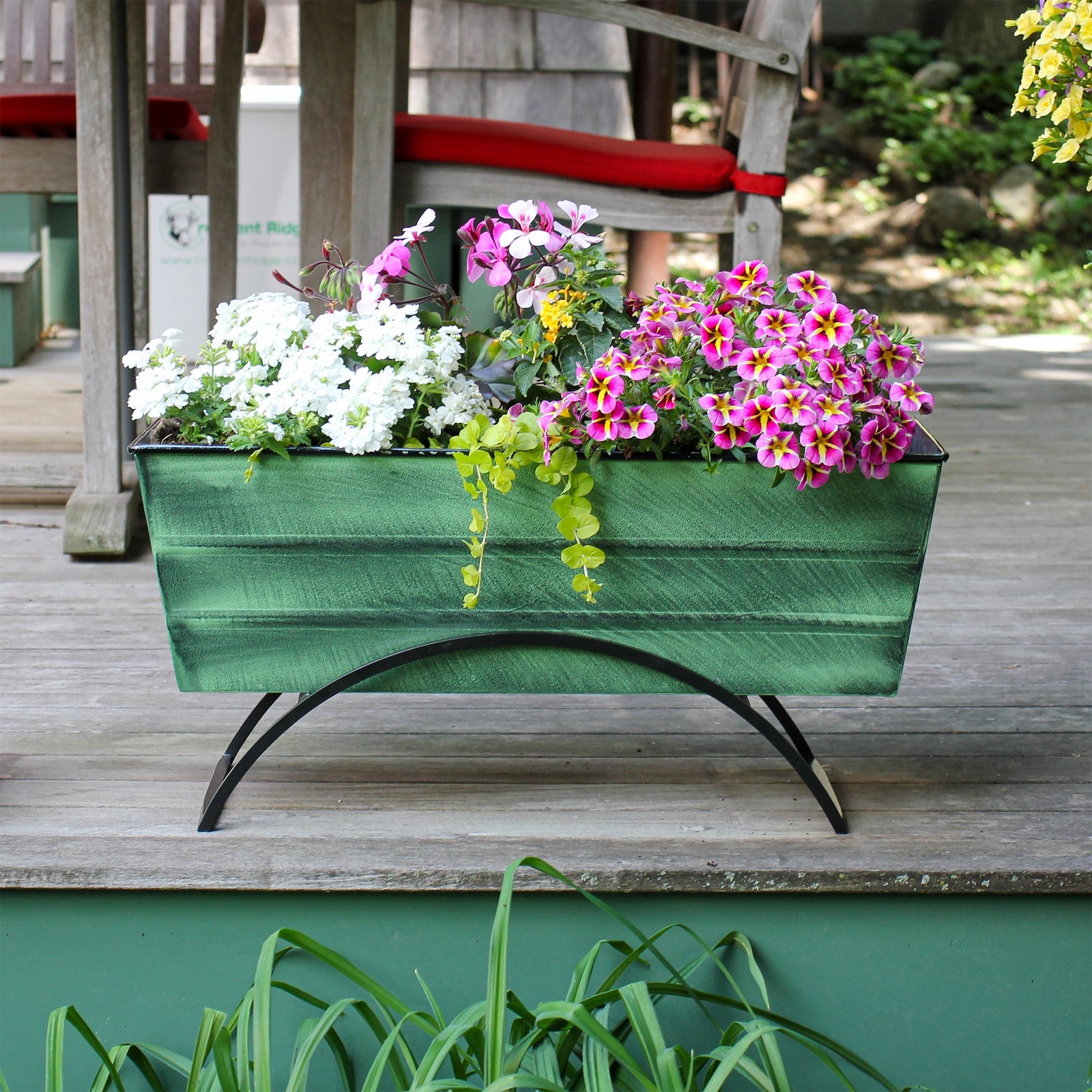ACHLA Odette Medium Flower Planter Box with Stand | Green Patina Galvanized Steel and Black Wrought Iron | Patio & Balcony Container | Model VFB-05-S