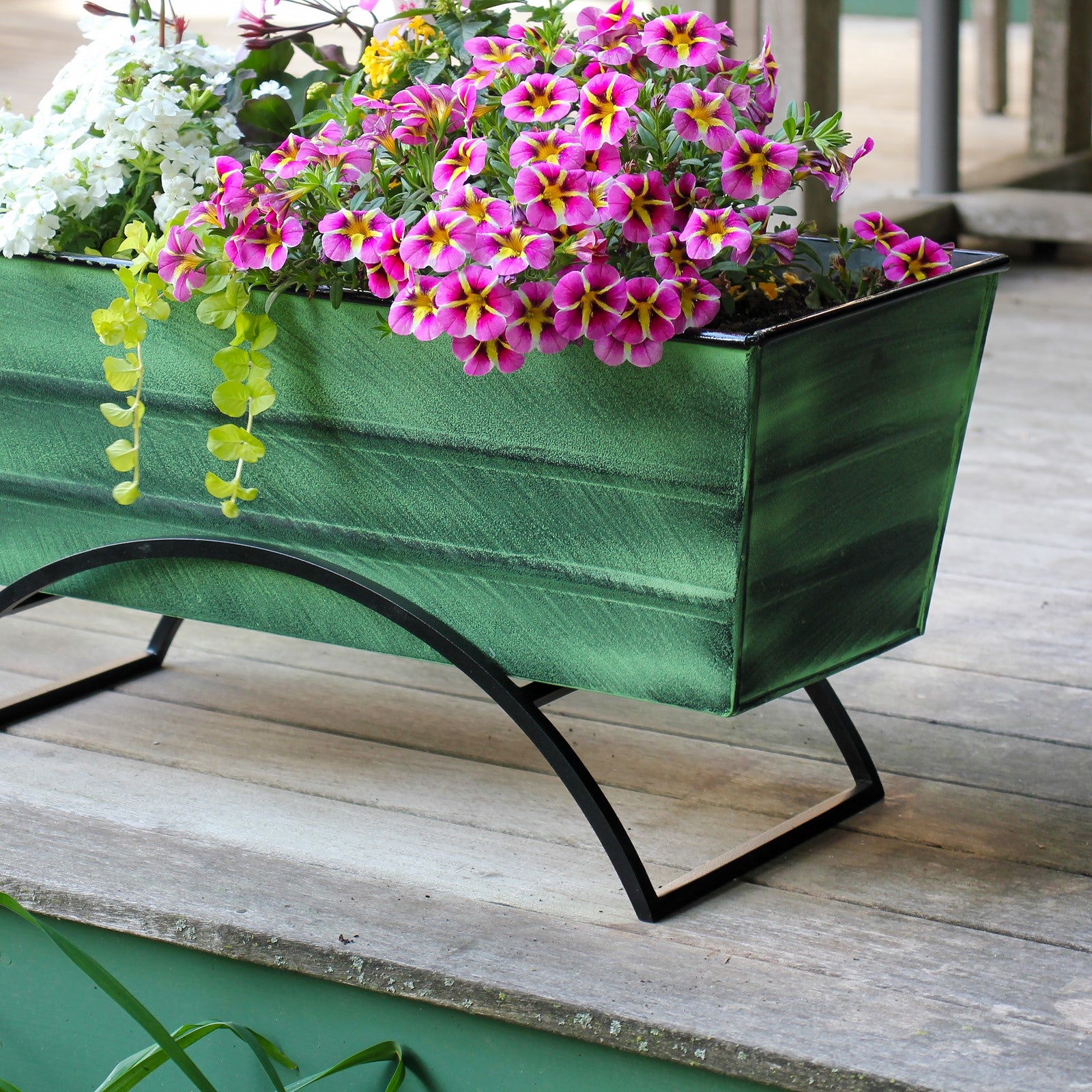 ACHLA Odette Medium Flower Planter Box with Stand | Green Patina Galvanized Steel and Black Wrought Iron | Patio & Balcony Container | Model VFB-05-S