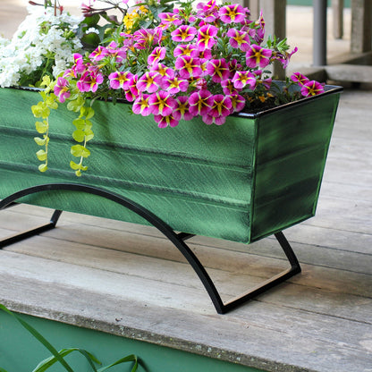 ACHLA Odette Medium Flower Planter Box with Stand | Green Patina Galvanized Steel and Black Wrought Iron | Patio & Balcony Container | Model VFB-05-S
