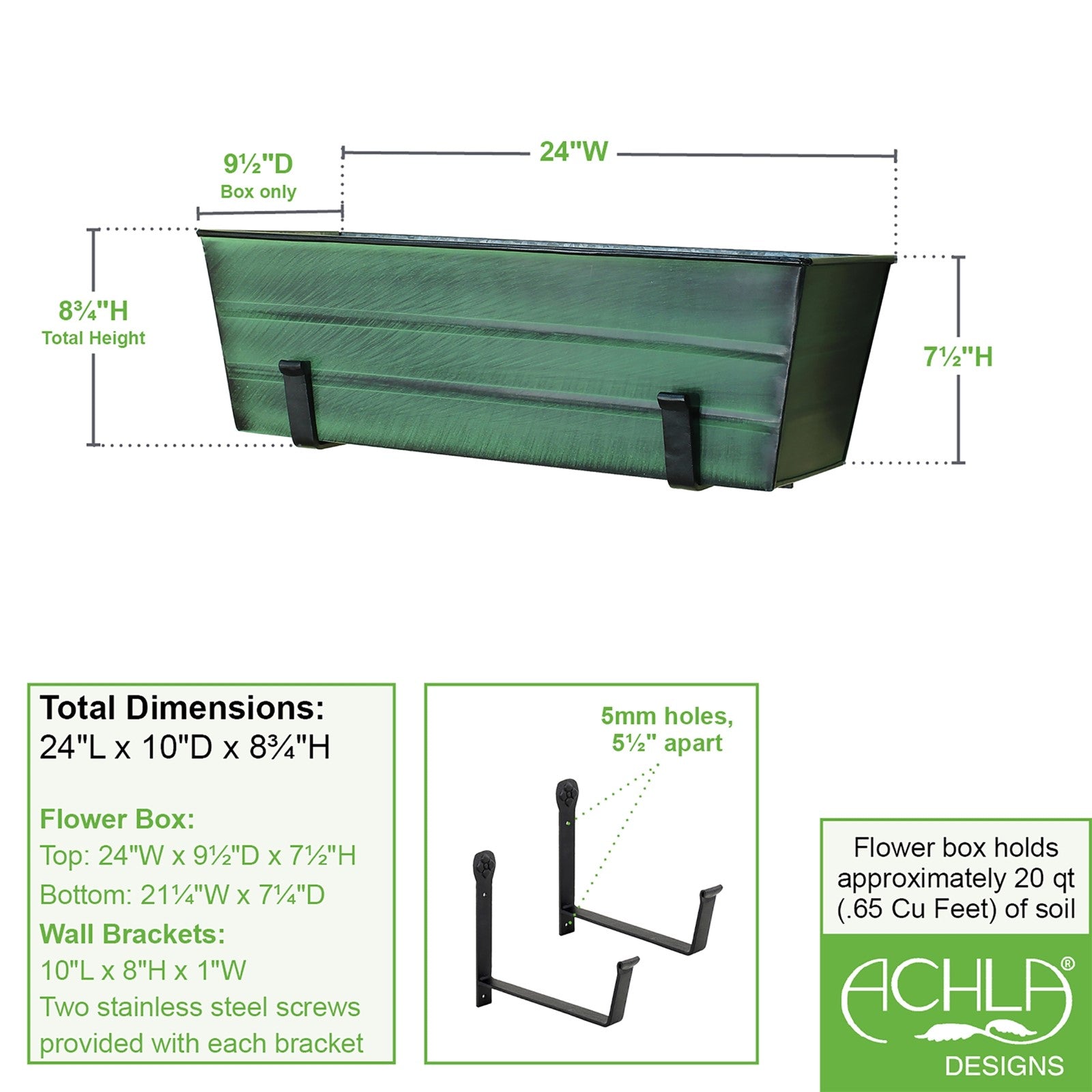 ACHLA Medium Flower Box with Wall Brackets | Green Patina Galvanized Steel and Black Wrought Iron | Front Porch & Balcony Planter | Model VFB-05-WM