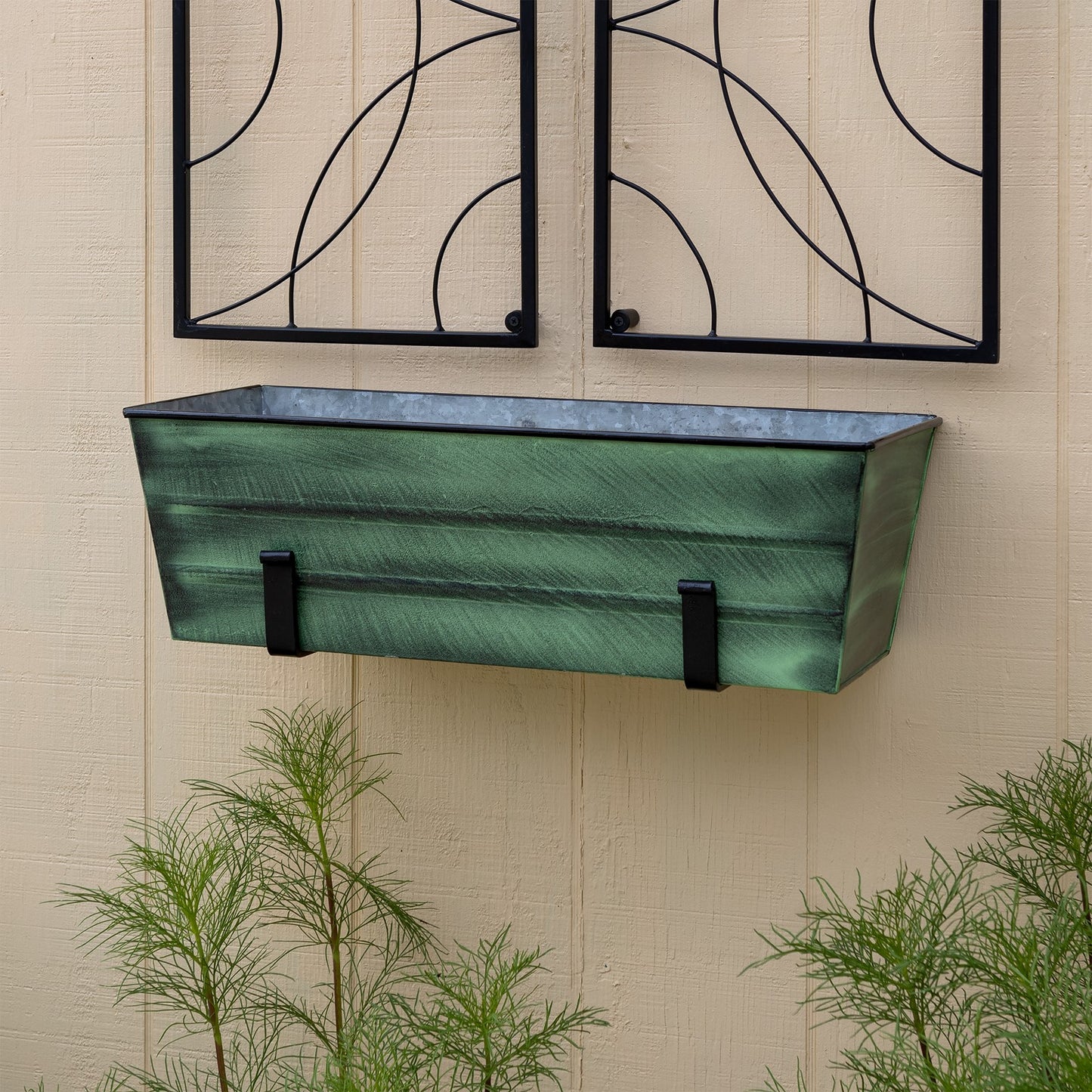 ACHLA Medium Flower Box with Wall Brackets | Green Patina Galvanized Steel and Black Wrought Iron | Front Porch & Balcony Planter | Model VFB-05-WM