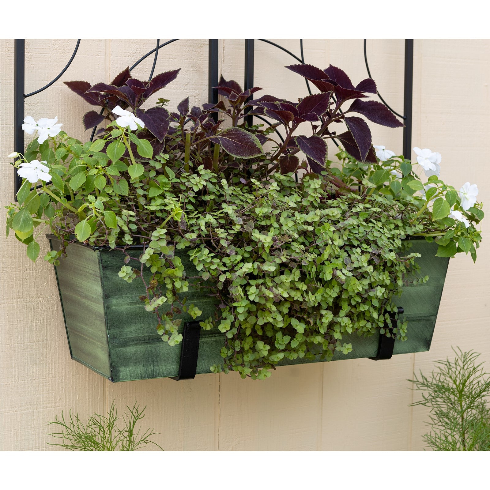 ACHLA Medium Flower Box with Wall Brackets | Green Patina Galvanized Steel and Black Wrought Iron | Front Porch & Balcony Planter | Model VFB-05-WM