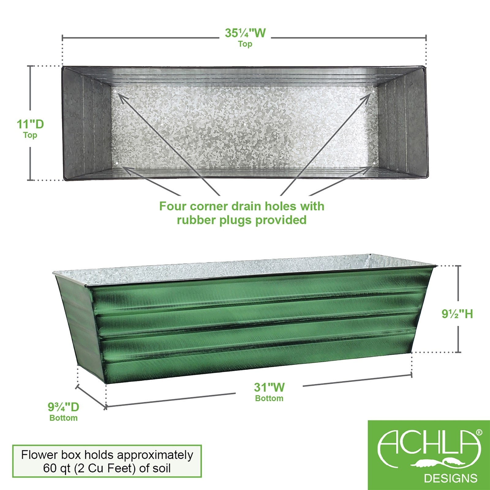 ACHLA Williamsburg 36in Large Galvanized Tin Window Box | Verdigris Green Patina Powder Coated | Patio & Porch Window Planters | Model VFB-06