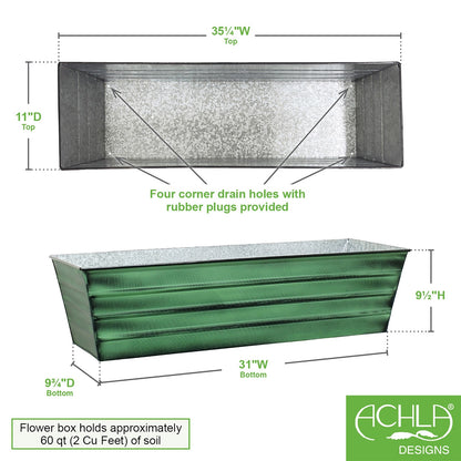 ACHLA Williamsburg 36in Large Galvanized Tin Window Box | Verdigris Green Patina Powder Coated | Patio & Porch Window Planters | Model VFB-06