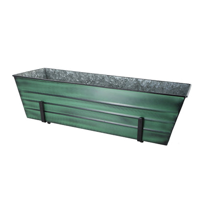 ACHLA Large Flower Box with Brackets | Green Patina Galvanized Steel and Black Wrought Iron | Porch & Deck Railing Planter | Model VFB-06-K6
