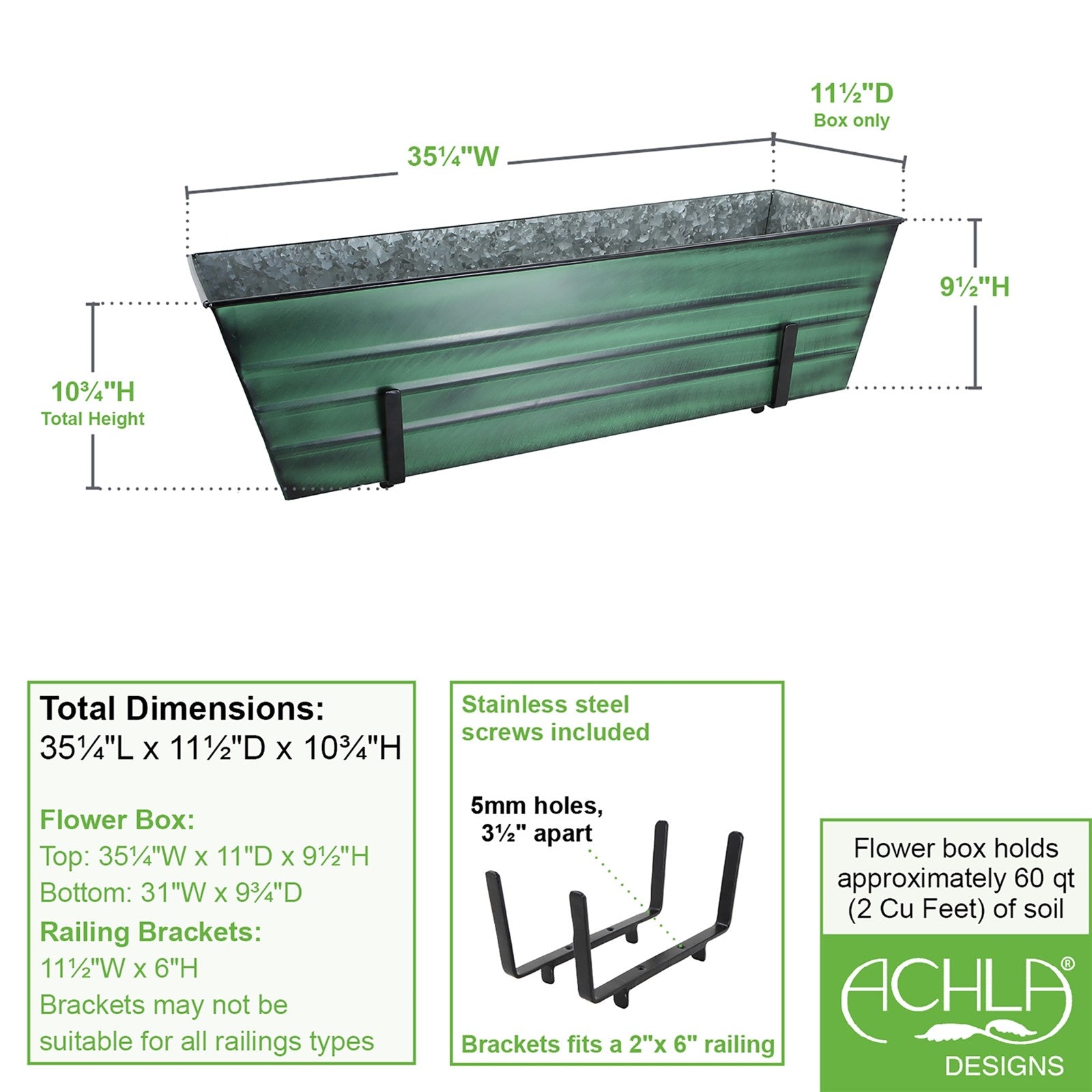 ACHLA Large Flower Box with Brackets | Green Patina Galvanized Steel and Black Wrought Iron | Porch & Deck Railing Planter | Model VFB-06-K6