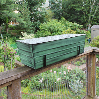 ACHLA Large Flower Box with Brackets | Green Patina Galvanized Steel and Black Wrought Iron | Porch & Deck Railing Planter | Model VFB-06-K6