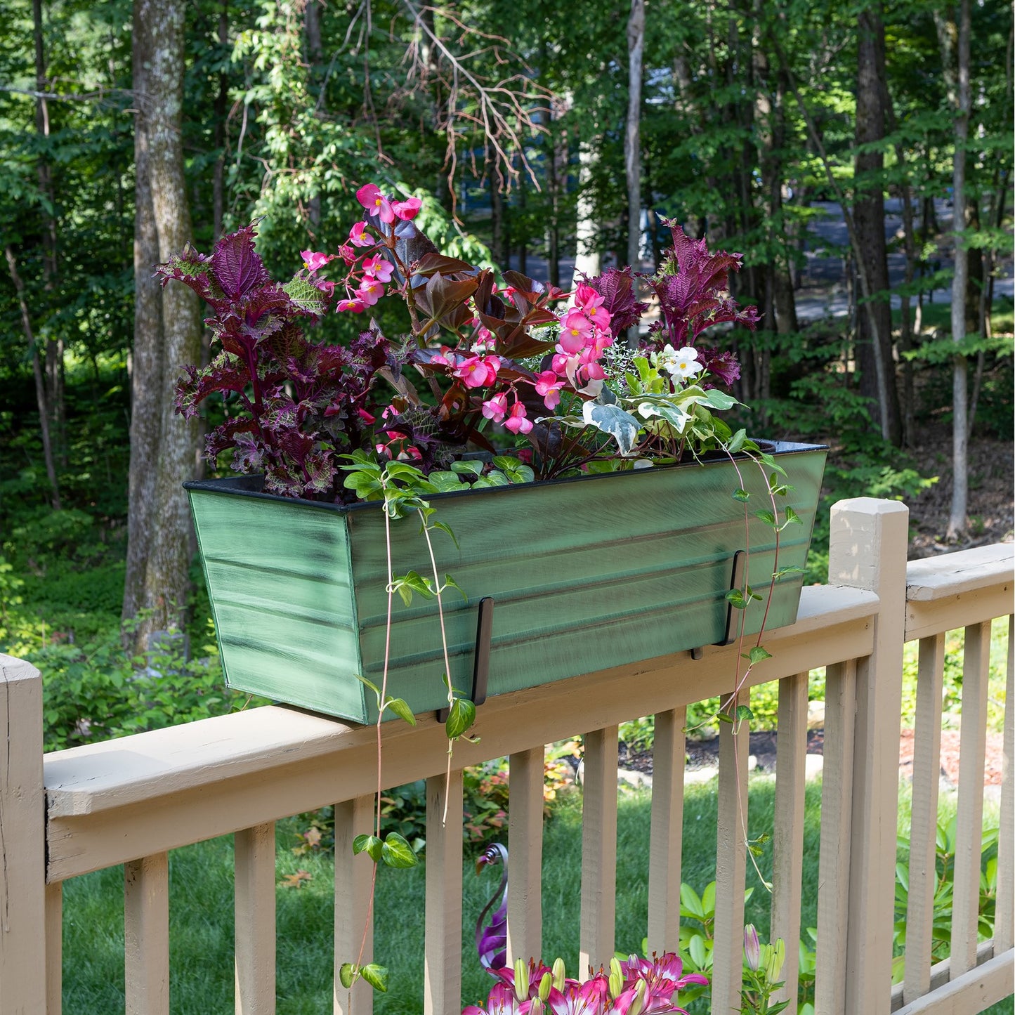 ACHLA Large Flower Box with Brackets | Green Patina Galvanized Steel and Black Wrought Iron | Porch & Deck Railing Planter | Model VFB-06-K6