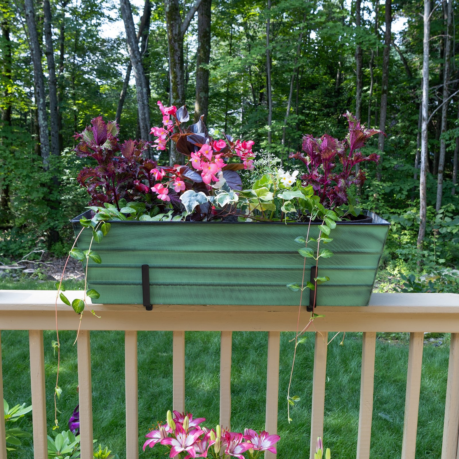 ACHLA Large Flower Box with Brackets | Green Patina Galvanized Steel and Black Wrought Iron | Porch & Deck Railing Planter | Model VFB-06-K6
