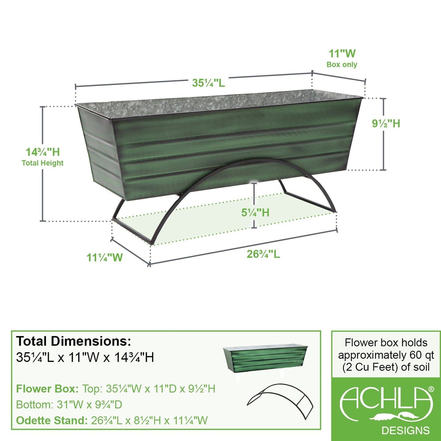 ACHLA Odette Large Flower Box Stand | Green Patina Galvanized Steel and Black Wrought Iron | Patio & Balcony Container Gardening | Model VFB-06-S