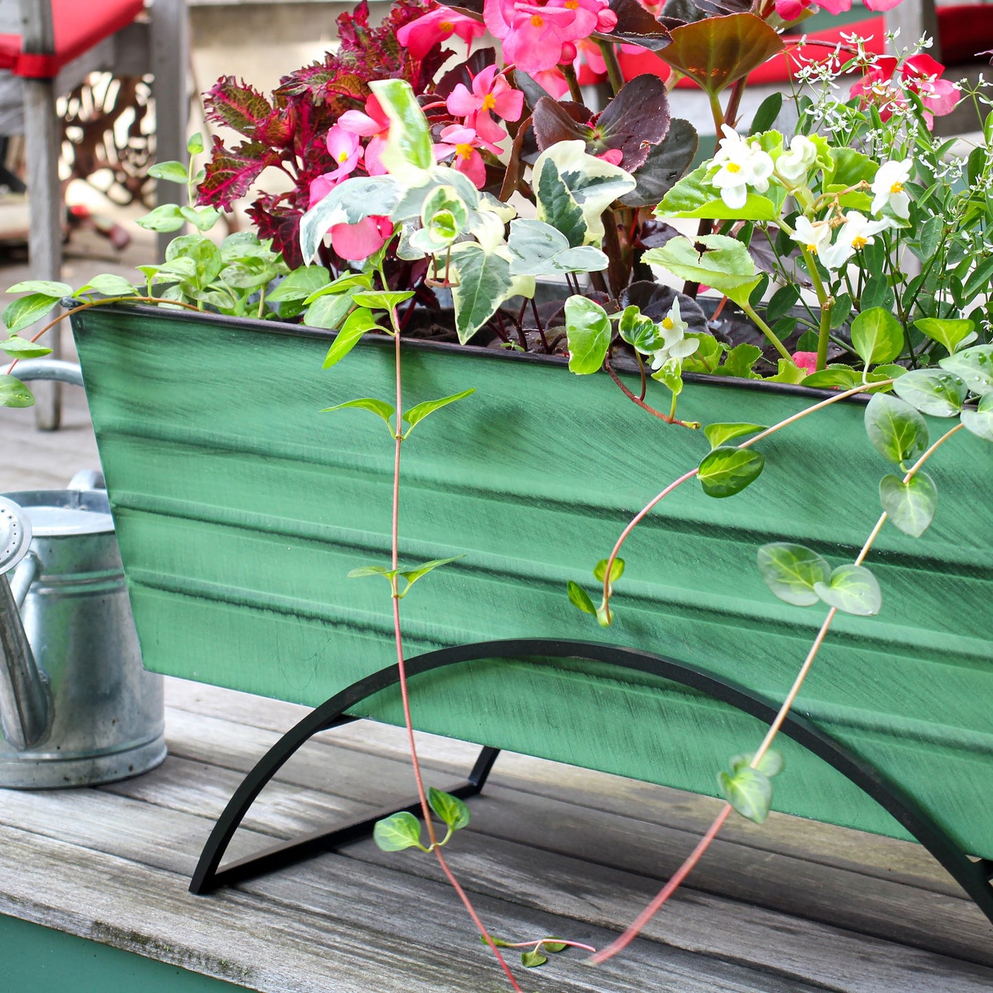 ACHLA Odette Large Flower Box Stand | Green Patina Galvanized Steel and Black Wrought Iron | Patio & Balcony Container Gardening | Model VFB-06-S