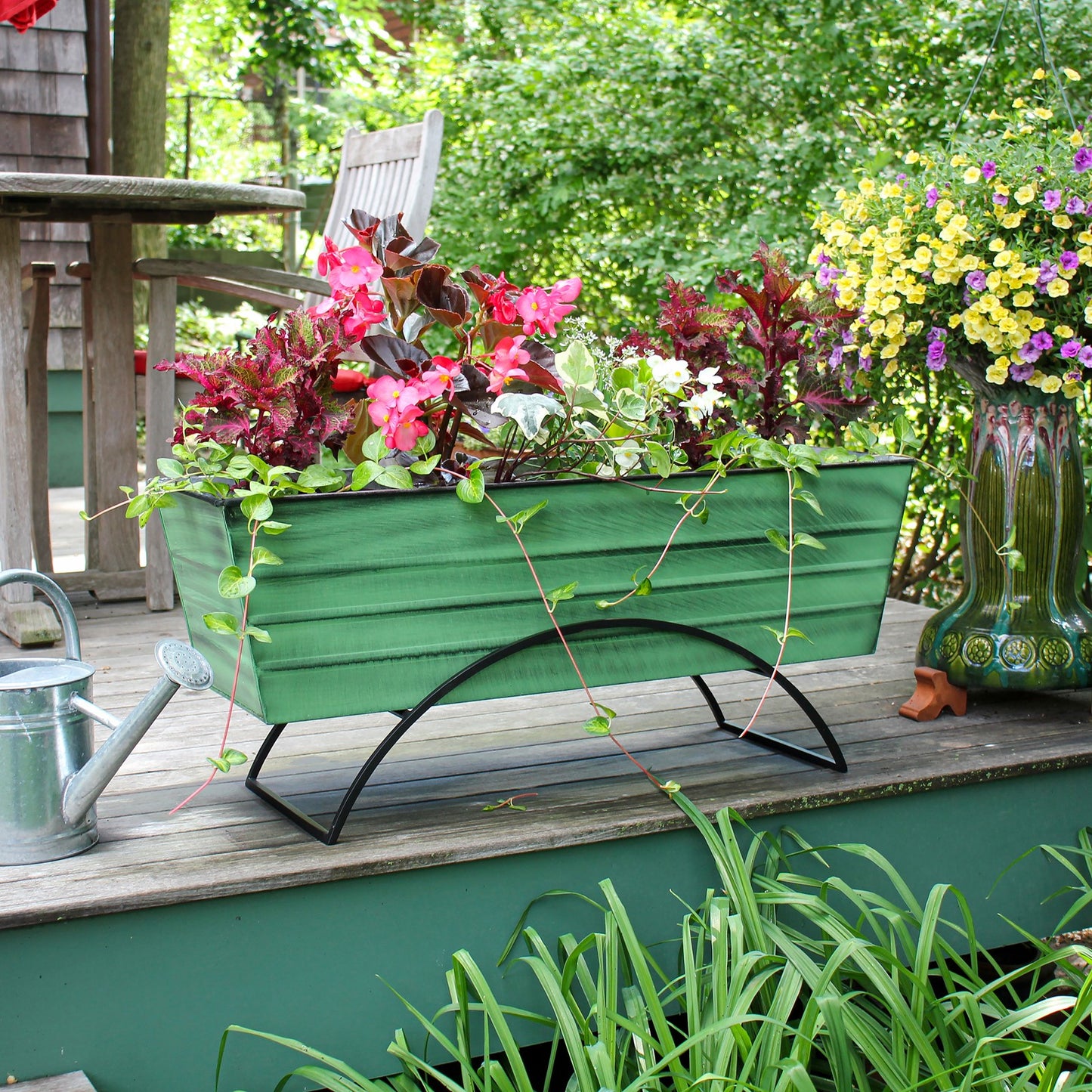 ACHLA Odette Large Flower Box Stand | Green Patina Galvanized Steel and Black Wrought Iron | Patio & Balcony Container Gardening | Model VFB-06-S