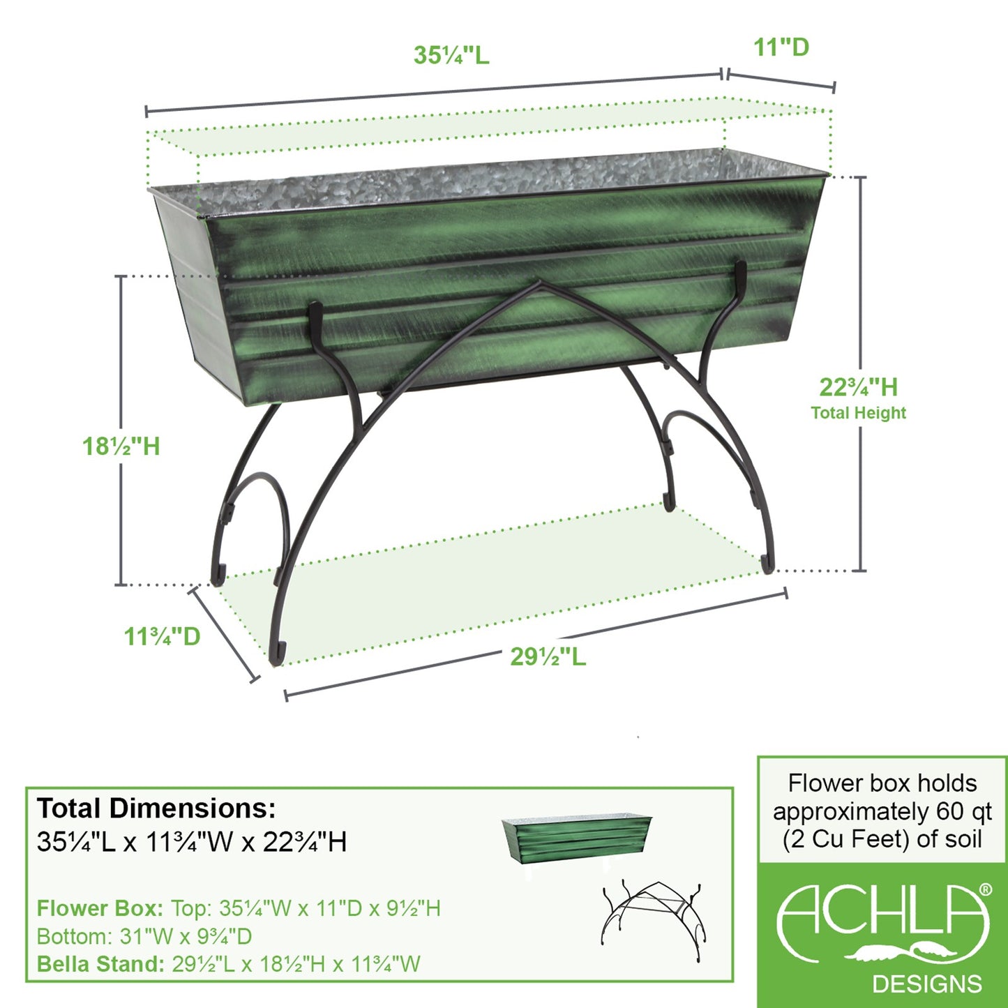 ACHLA Bella 36in Flower Box Stand | Art Deco Green Patina Galvanized Steel and Black Wrought Iron | Patio & Balcony Planter | Model VFB-06-S2