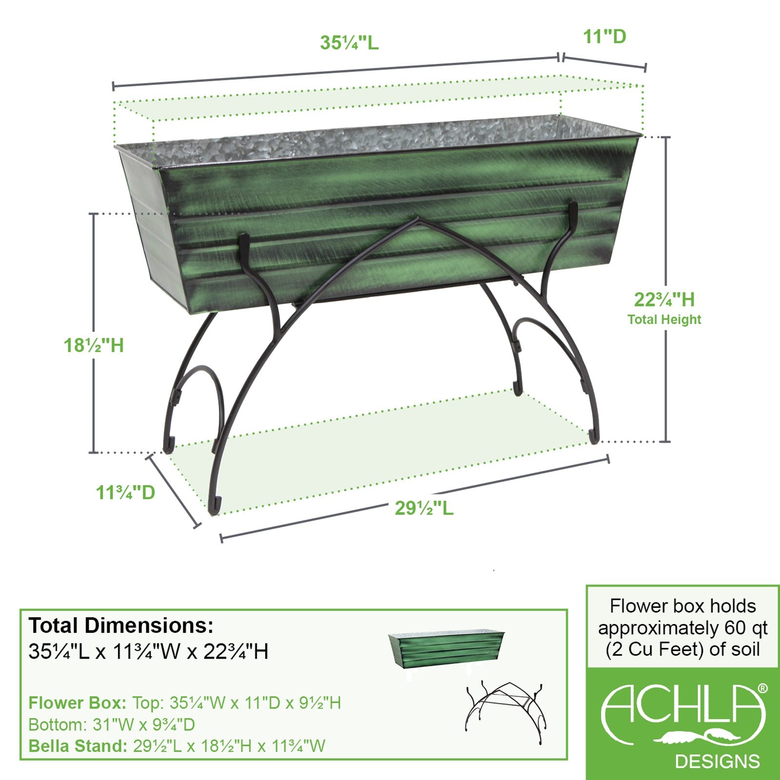 ACHLA Bella 36in Flower Box Stand | Art Deco Green Patina Galvanized Steel and Black Wrought Iron | Patio & Balcony Planter | Model VFB-06-S2