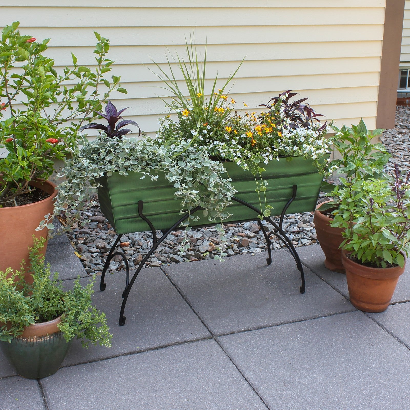 ACHLA Bella 36in Flower Box Stand | Art Deco Green Patina Galvanized Steel and Black Wrought Iron | Patio & Balcony Planter | Model VFB-06-S2