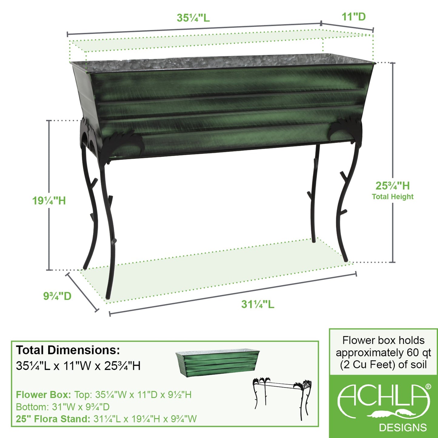 ACHLA Flora 36in Flower Box Stand | Green Patina Galvanized Steel and Black Wrought Iron | Patio & Balcony Planter | Model VFB-06-S3