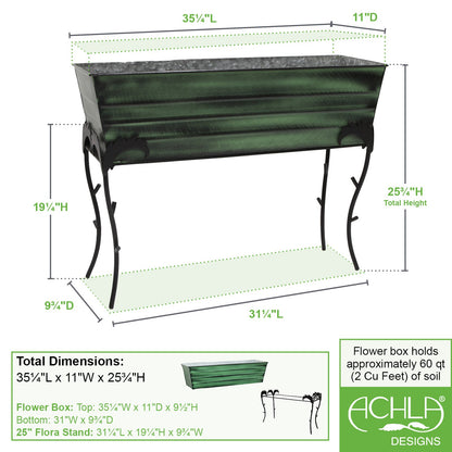 ACHLA Flora 36in Flower Box Stand | Green Patina Galvanized Steel and Black Wrought Iron | Patio & Balcony Planter | Model VFB-06-S3