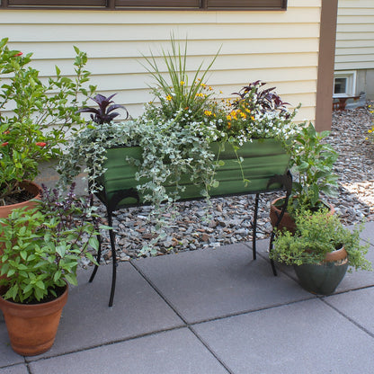 ACHLA Flora 36in Flower Box Stand | Green Patina Galvanized Steel and Black Wrought Iron | Patio & Balcony Planter | Model VFB-06-S3