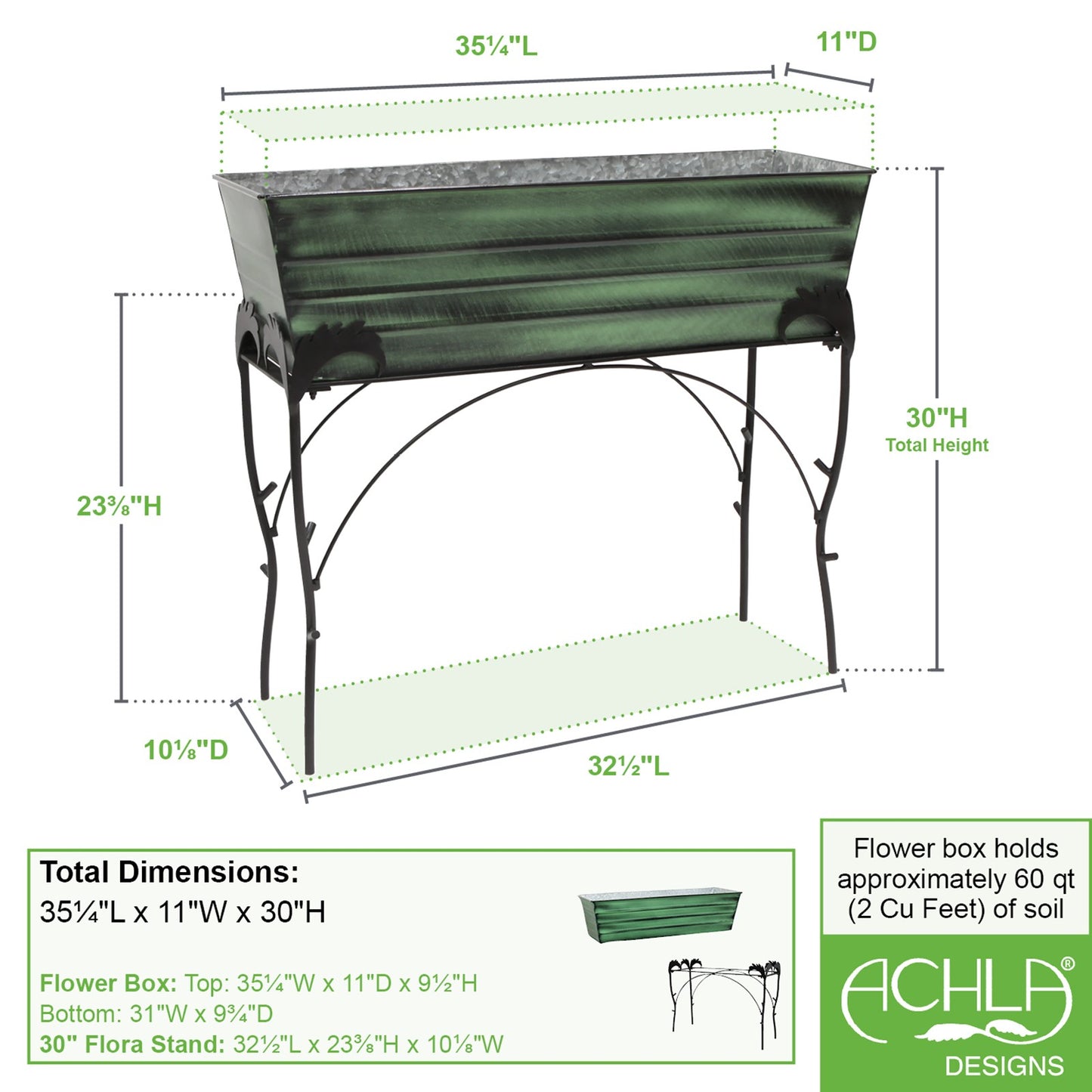 ACHLA Flora 36in Flower Box Stand | Green Patina Galvanized Steel and Black Wrought Iron | Patio & Balcony Container Gardening | Model VFB-06-S4