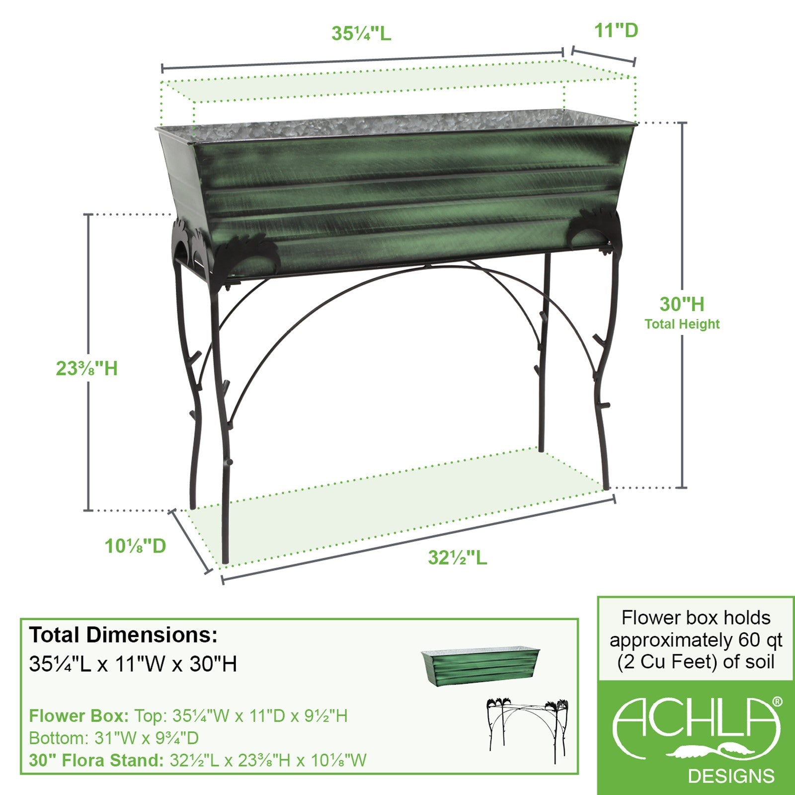 ACHLA Flora 36in Flower Box Stand | Green Patina Galvanized Steel and Black Wrought Iron | Patio & Balcony Container Gardening | Model VFB-06-S4