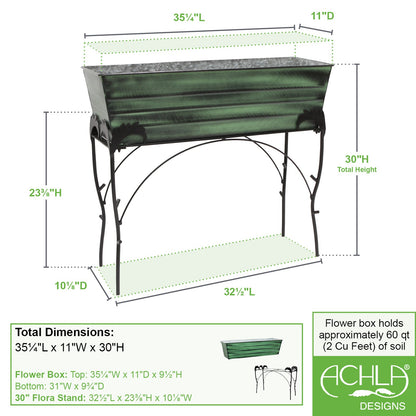 ACHLA Flora 36in Flower Box Stand | Green Patina Galvanized Steel and Black Wrought Iron | Patio & Balcony Container Gardening | Model VFB-06-S4