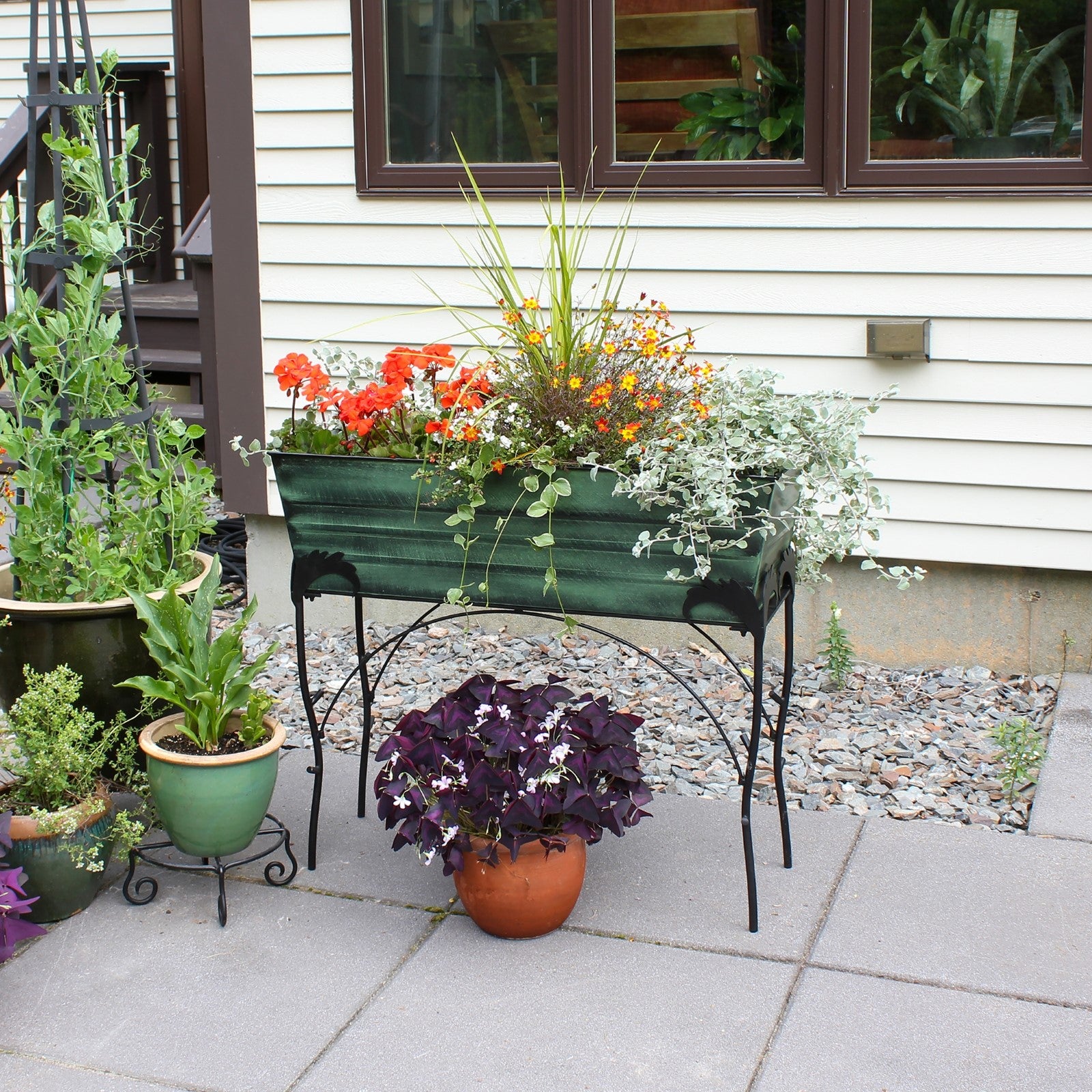ACHLA Flora 36in Flower Box Stand | Green Patina Galvanized Steel and Black Wrought Iron | Patio & Balcony Container Gardening | Model VFB-06-S4