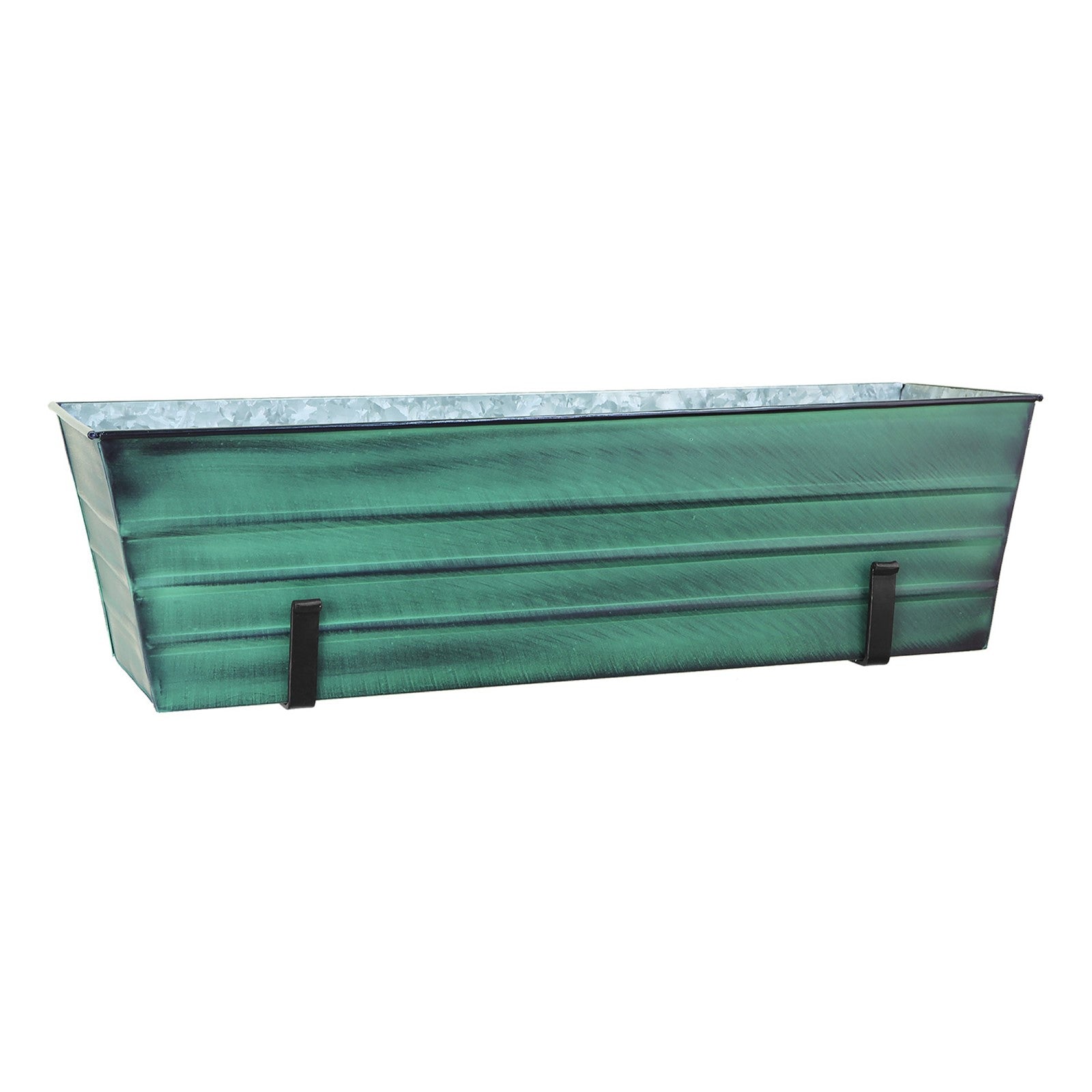 ACHLA Large Flower Box with Wall Brackets | Green Patina Galvanized Steel and Black Wrought Iron | Front Porch & Balcony Container | Model VFB-06-WM