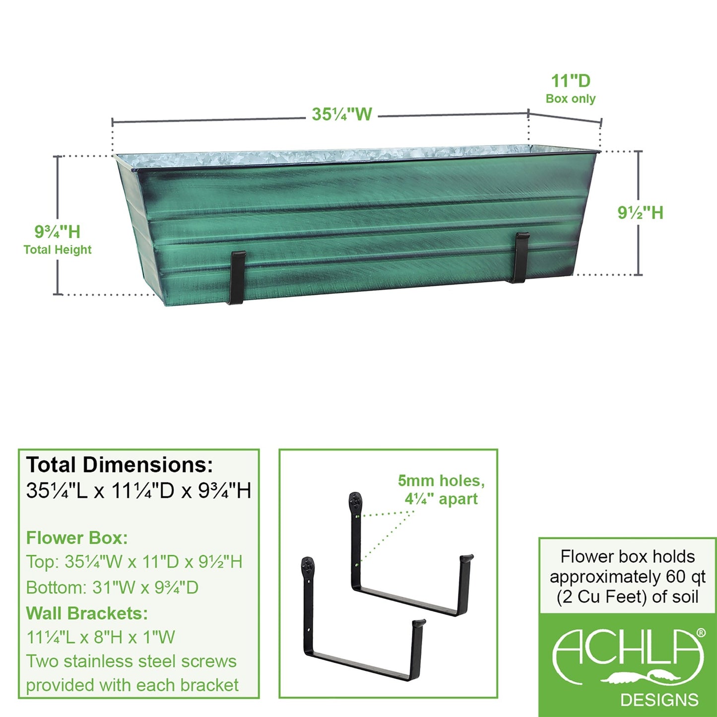 ACHLA Large Flower Box with Wall Brackets | Green Patina Galvanized Steel and Black Wrought Iron | Front Porch & Balcony Container | Model VFB-06-WM