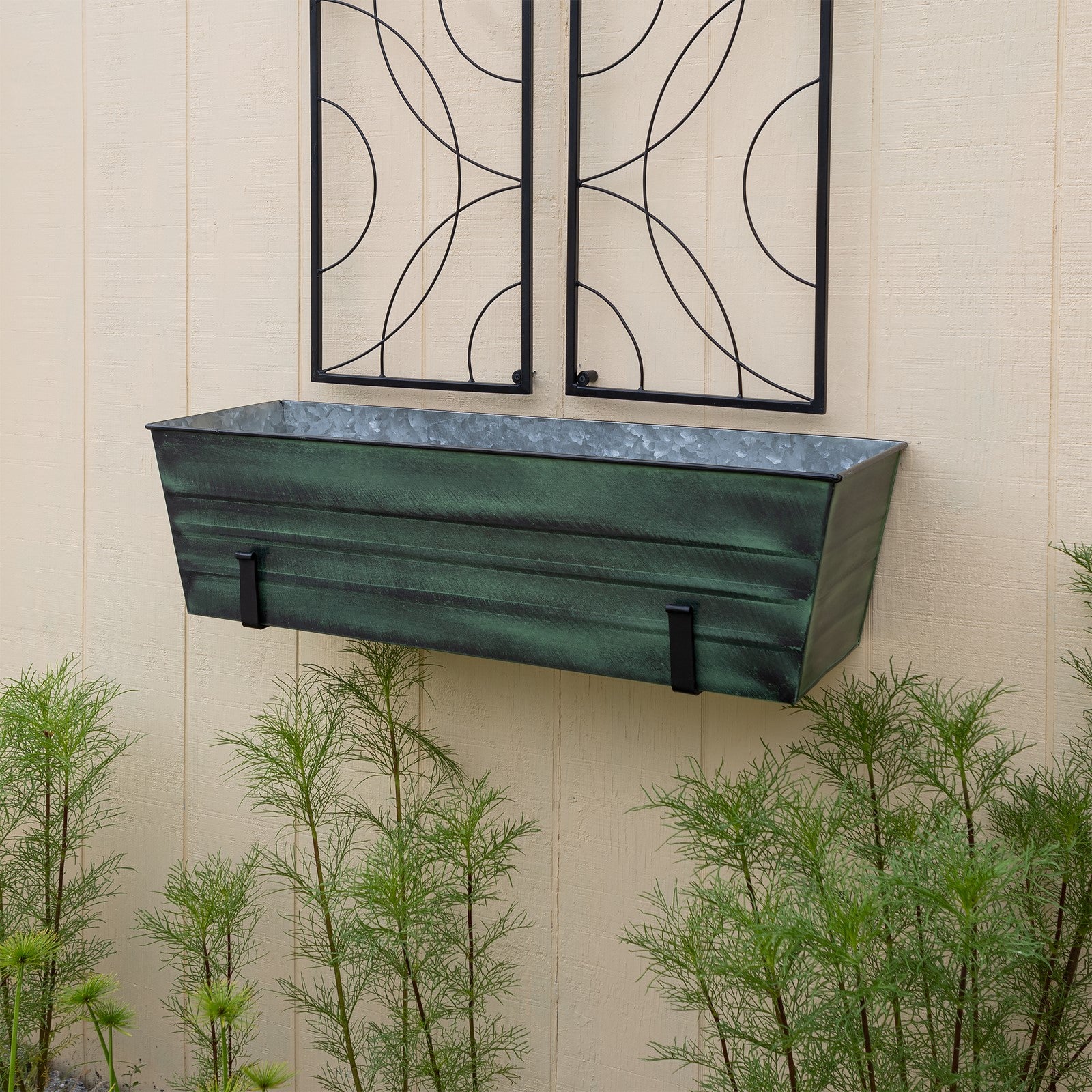 ACHLA Large Flower Box with Wall Brackets | Green Patina Galvanized Steel and Black Wrought Iron | Front Porch & Balcony Container | Model VFB-06-WM