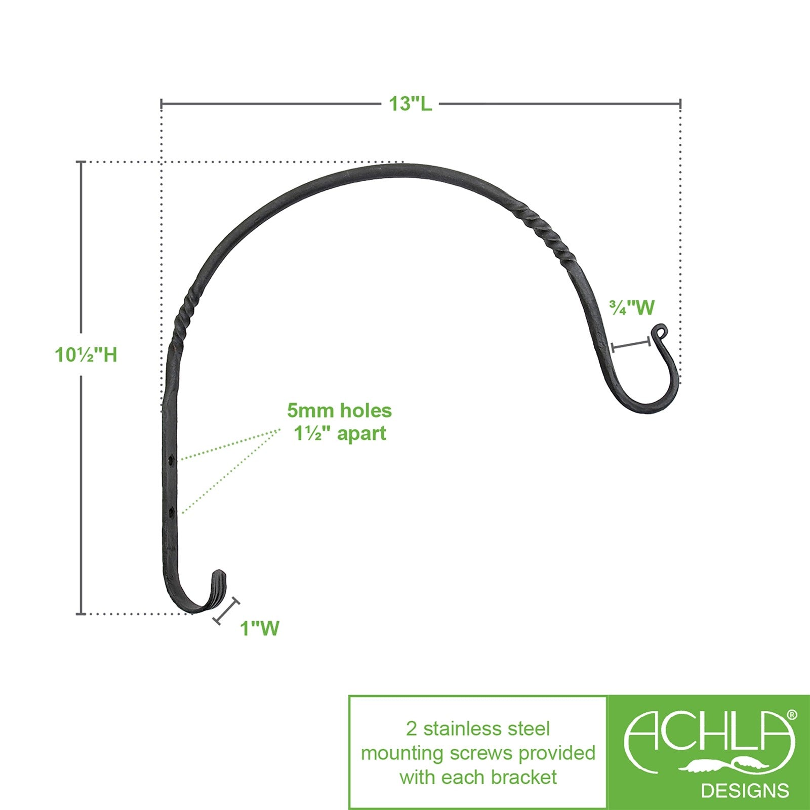 ACHLA Arc Wall Bracket 12in 2-Pack | Wrought Iron Black Powdercoat | Outdoor Planter & Bird Feeder Hook | 12 x 9 x 0.5 in | Model WB-03-2