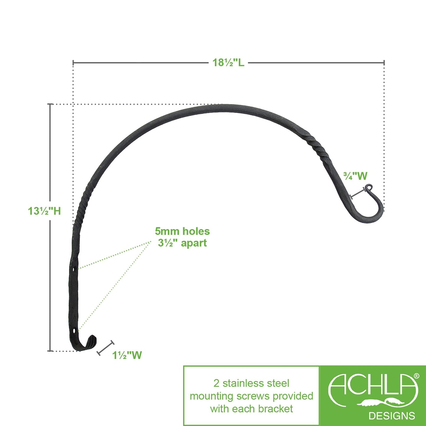 ACHLA Arc 18in Wall Bracket 2-Pack | Traditional Wrought Iron Black Powdercoat | Outdoor Planter & Bird Feeder Hanger | Model WB-04-2