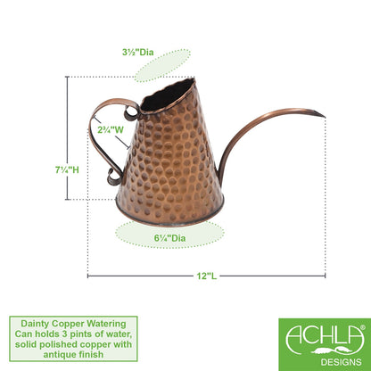 ACHLA Dainty Copper Watering Can | Hammered Copper Finish | Indoor & Outdoor Plant Care | 6.5in Dia x 7.5in H, 3 Pint Capacity | Model WC-06