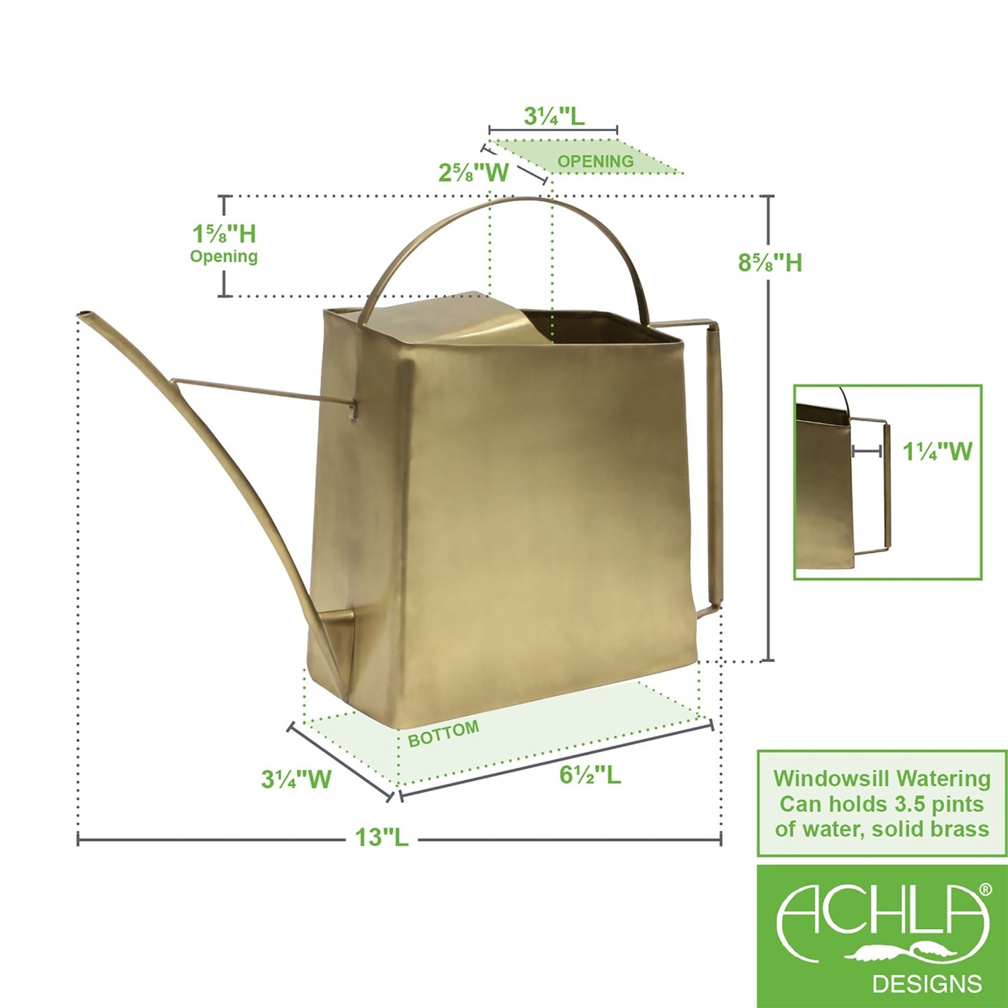 ACHLA Windowsill Watering Can 13in | Brushed Brass Solid Metal | Indoor Plant & Terrarium Watering | Model WC-08