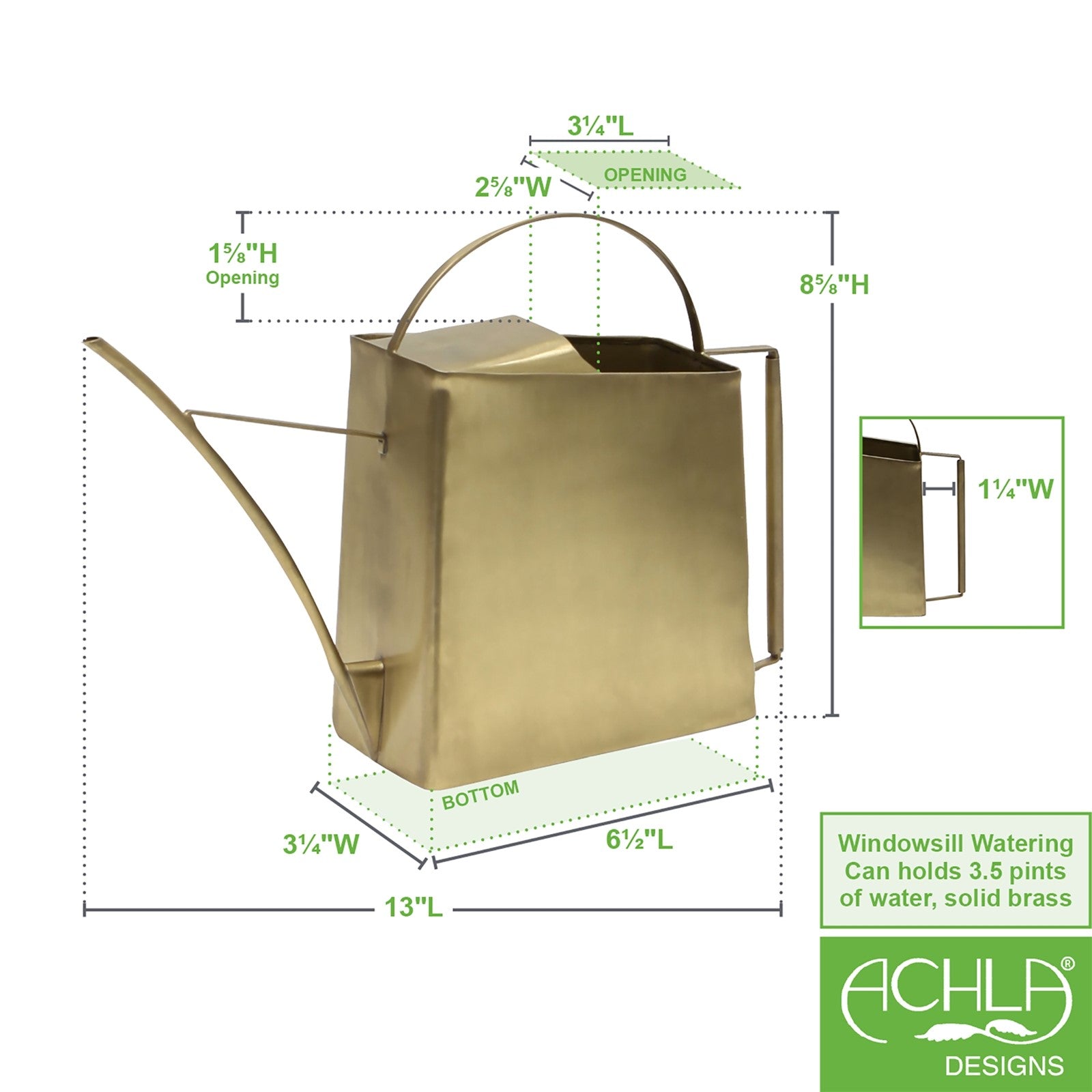 ACHLA Windowsill Watering Can 13in | Brushed Brass Solid Metal | Indoor Plant & Terrarium Watering | Model WC-08
